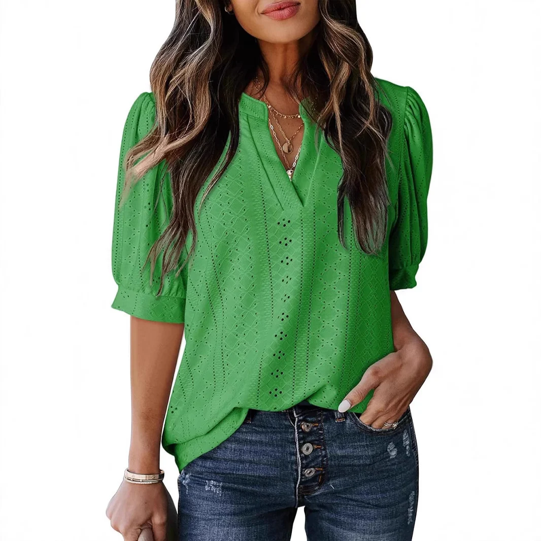Women's Summer Business Casual Blouse V-neck Short Sleeve Shirt