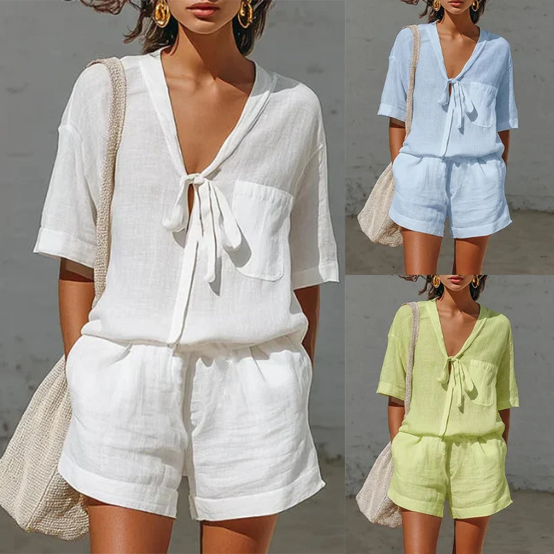 Summer New Solid Color Casual Cardigan Lace-up Short-sleeve Shirt Loose Shorts Set For Women