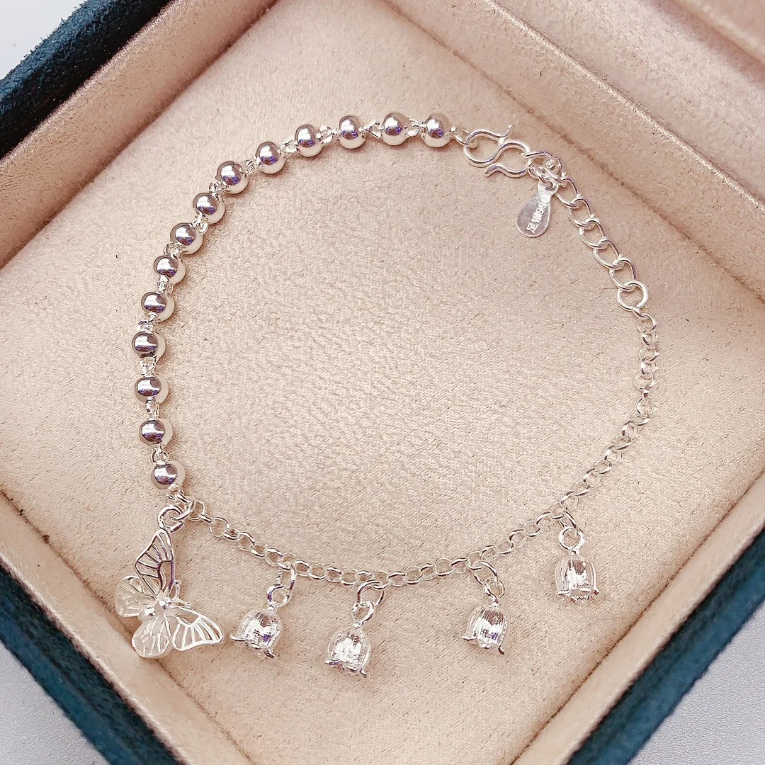 1pcs 999 Sterling Silver Beaded Bellflower & Butterfly Bracelet, Elegant Romantic Style, Ideal For Birthday & Holiday Gifts