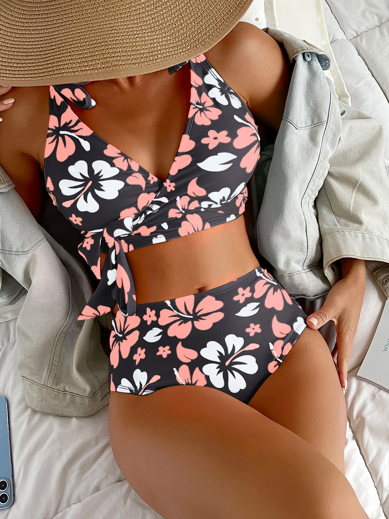 Lace Up Printed High Waisted Bikini Split Swimsuit For Women - Image 6
