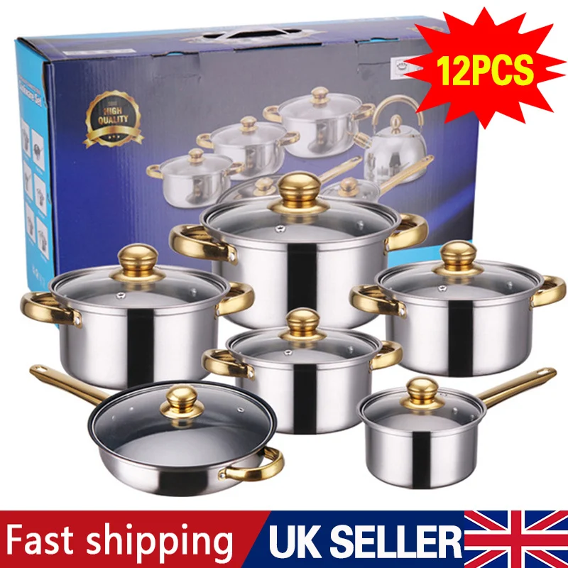 12Pcs Stainless Steel Casserole Saucepan Stock Pot Set Kitchen Induction Cookware
