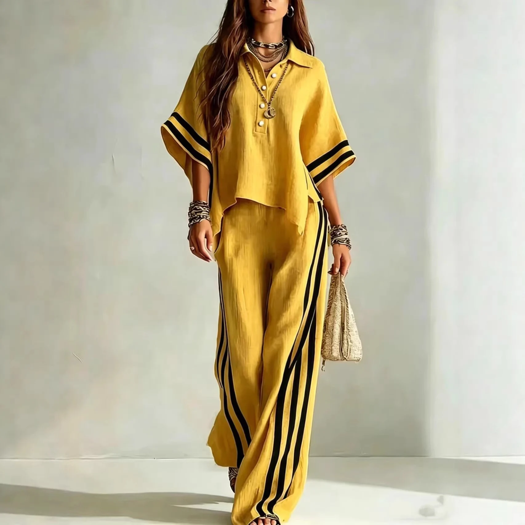 Womens Clothing Short-Sleeve Shirt And Loose Pants Two-Piece Set