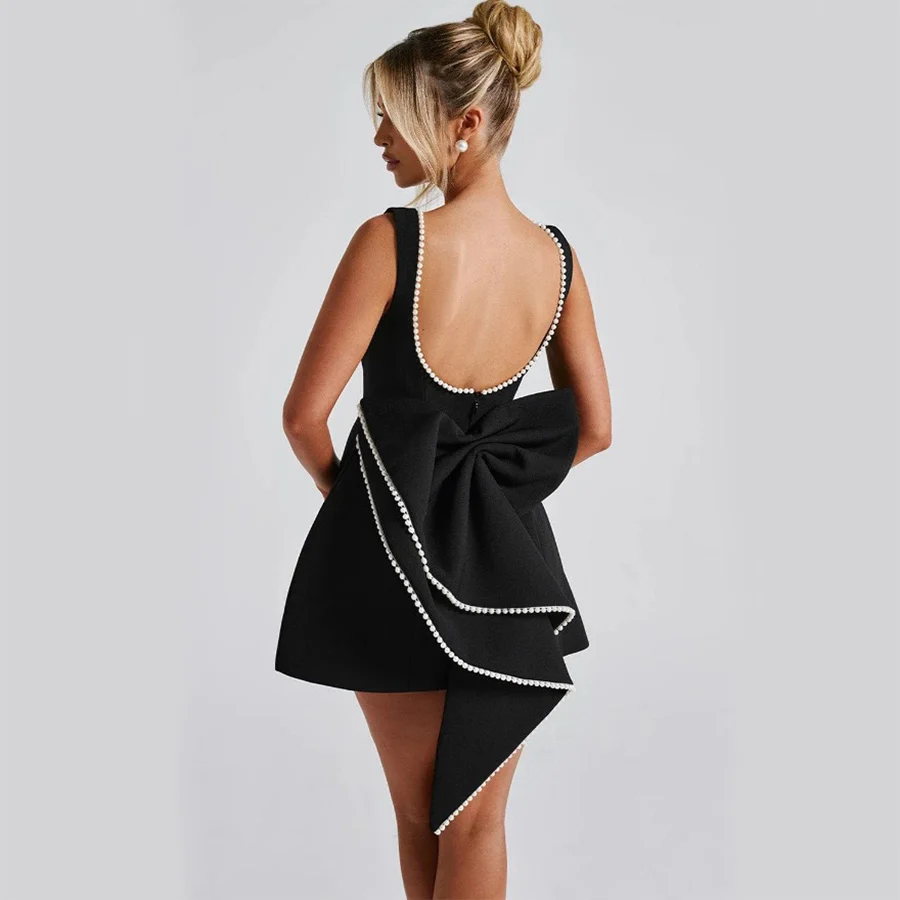 Fashion Big-Bowed Pearls Backless Dress Summer Slim Sleeveless A-line Dresses For Party Evening Women's Clothing - Image 9