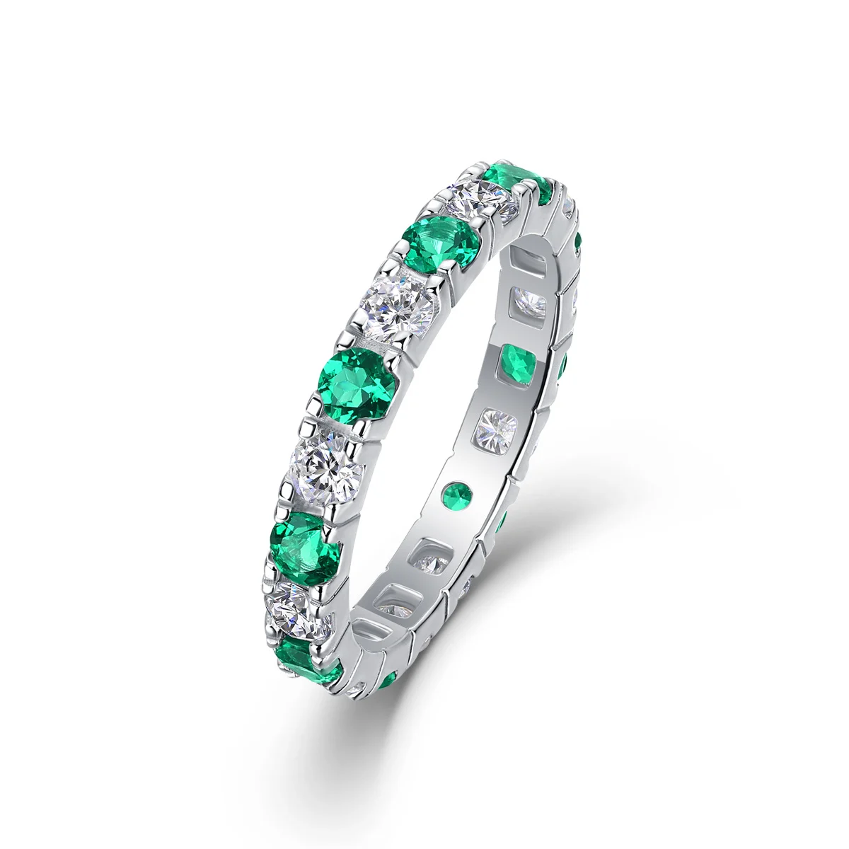 2.4g S925 Silver Platinum Plated Alternating Eternity Ring Green & White Gemstone Full Band, Stackable Dainty Promise Ring For Women, Jewelry Gift Box Set