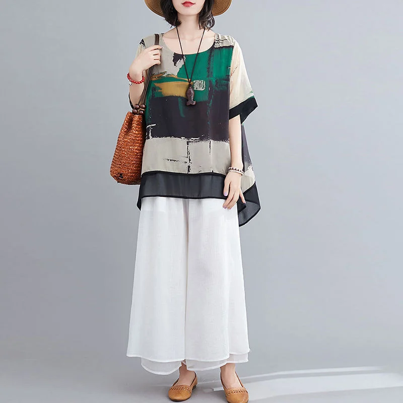 Loose Fashion Suit Mother's Chiffon Shirt Cropped Wide-legged Culottes Two-piece Set - Image 9