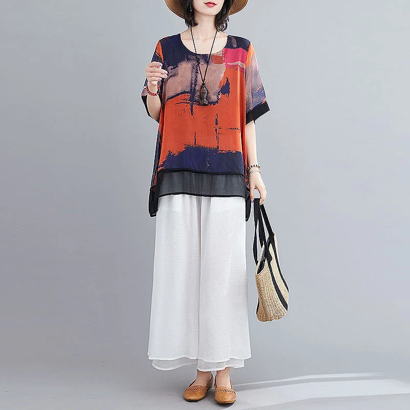 Loose Fashion Suit Mother's Chiffon Shirt Cropped Wide-legged Culottes Two-piece Set - Image 10