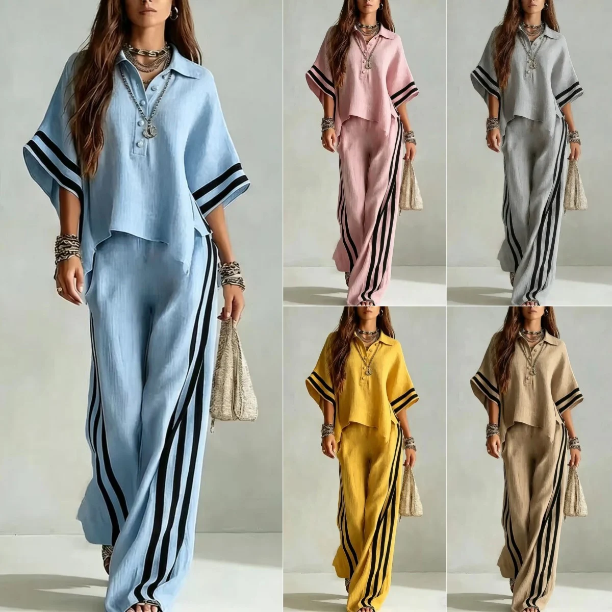 Womens Clothing Short-Sleeve Shirt And Loose Pants Two-Piece Set - Image 9