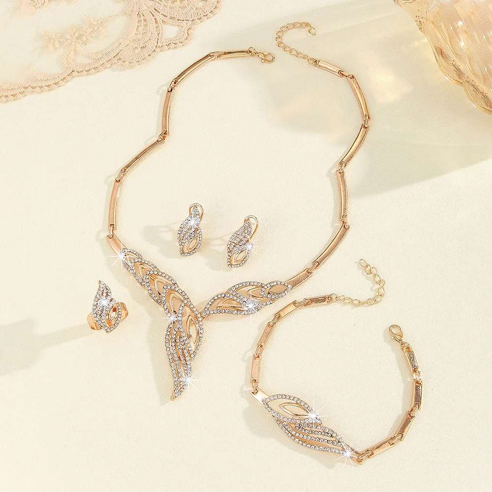 Gold Leaf Diamond-Encrusted Necklace Earrings Ring Bracelet Set - Image 3