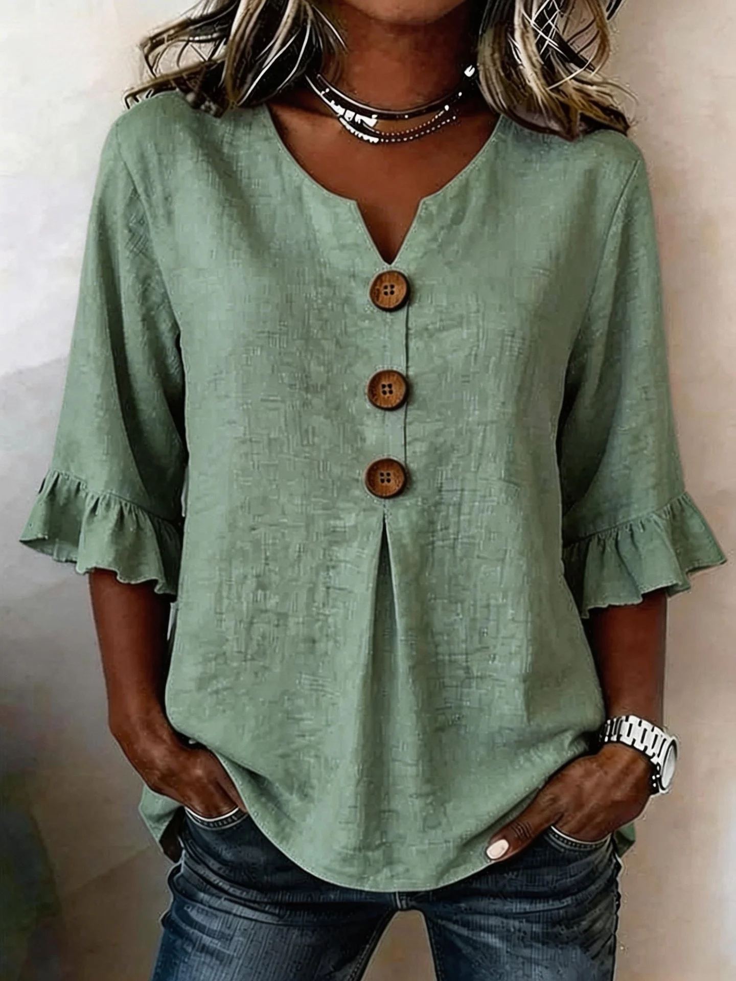 Summer Ruffled-Sleeve Top Loose Casual V-Neck Buttons Short-sleeved Shirts Women's Clothing - Image 8