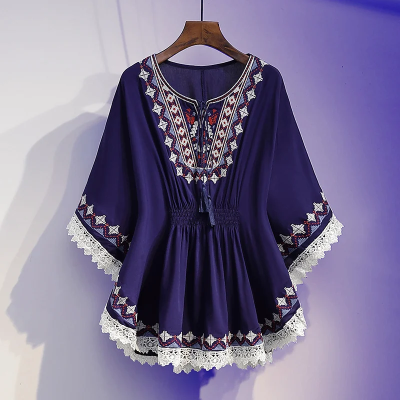 Women's Summer Loose Waist-controlled Top Vintage Printed Chiffon Shirt - Image 9