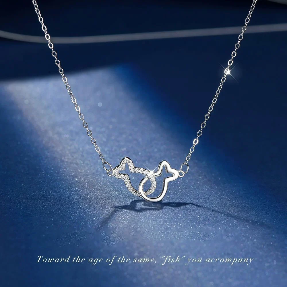 1pcs 999 Sterling Silver Hollow & Paved Fish Necklace, Elegant Trendy Style, Ideal For Birthday & Holiday Gifts