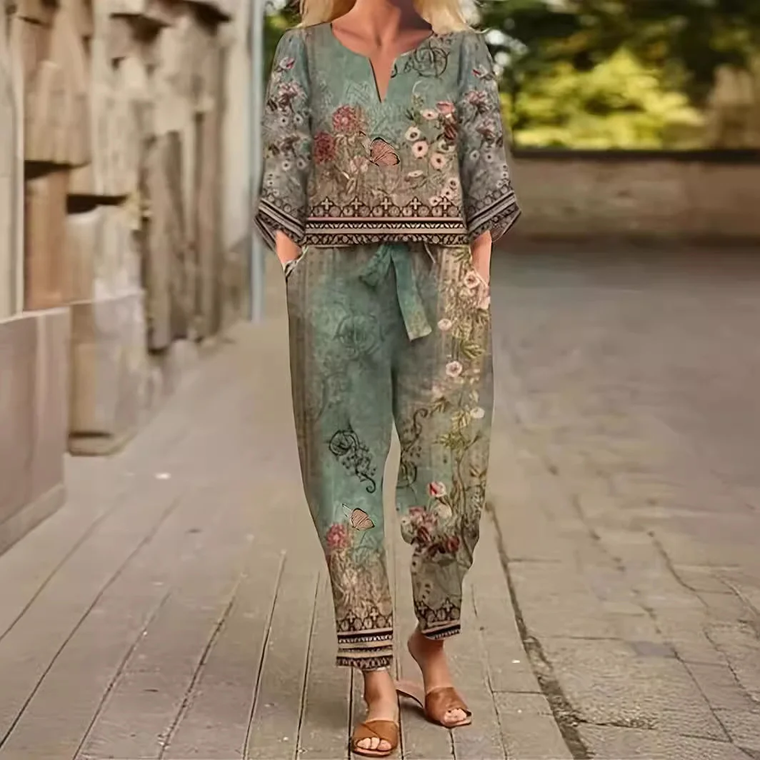Long-sleeve Digital-print Casual Pants Set