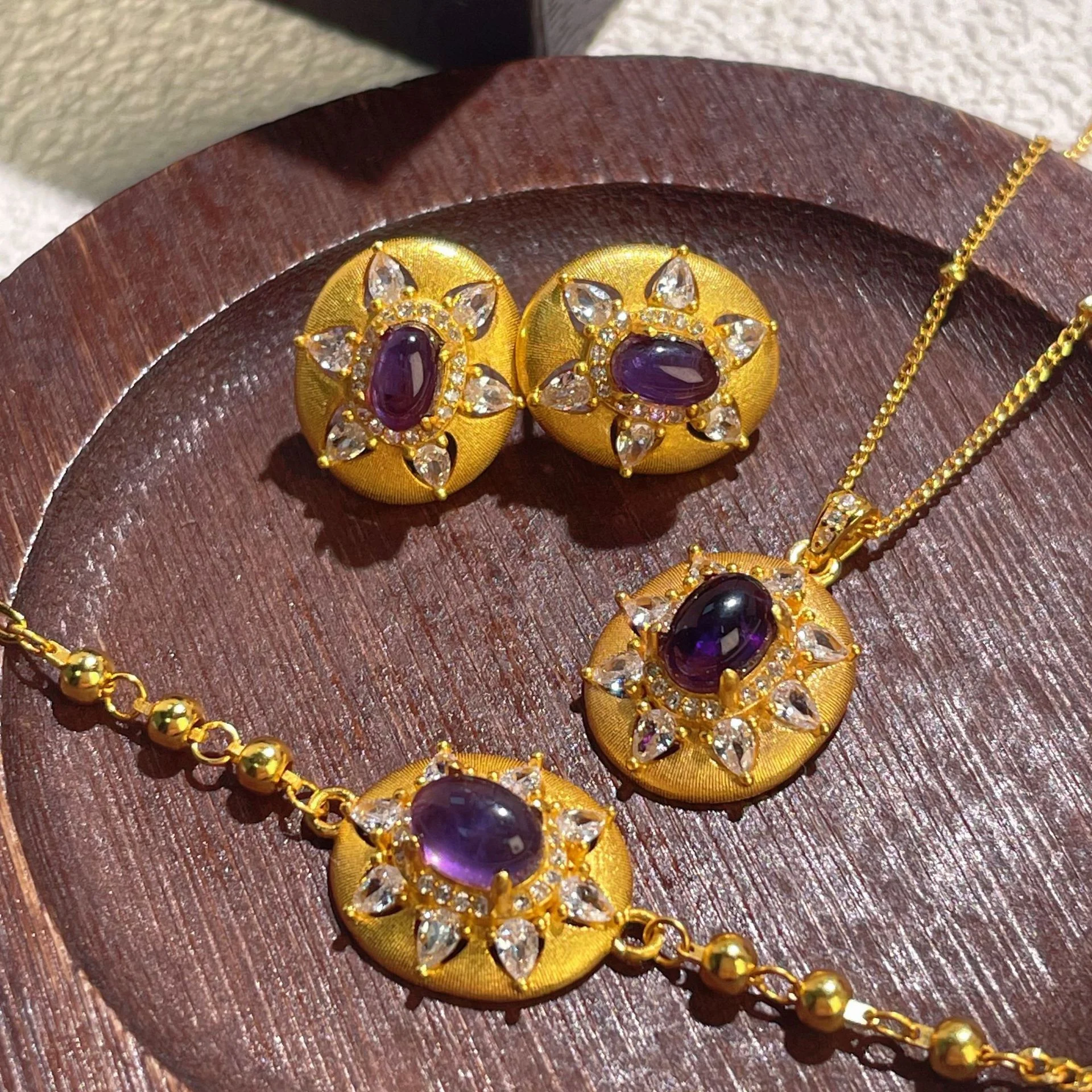 S925 Sterling Silver French Sunflower Amethyst Jewelry Set, Elegant Matching Necklace Earrings Bracelet