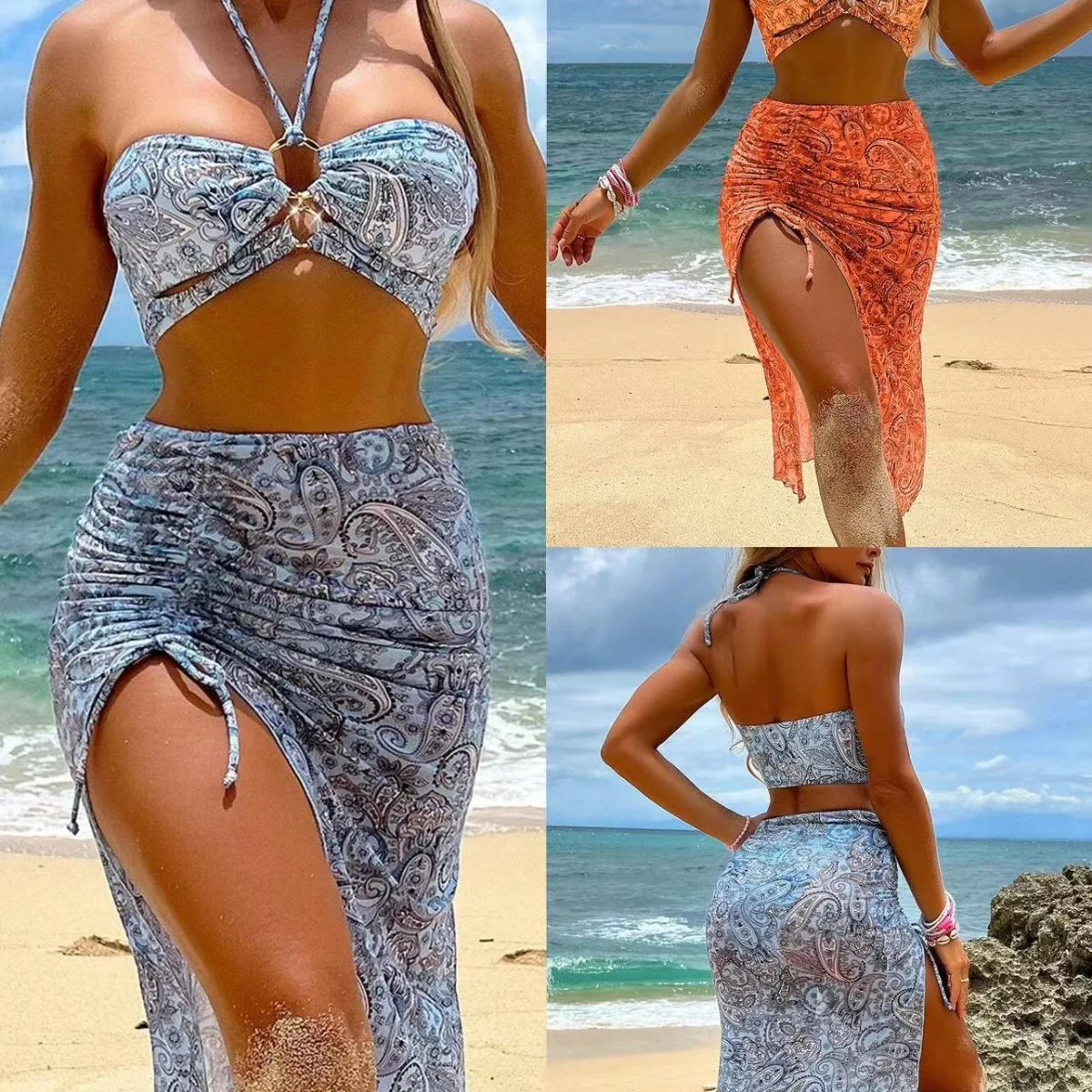 Womens 3-piece Mesh Split-print Swimsuit