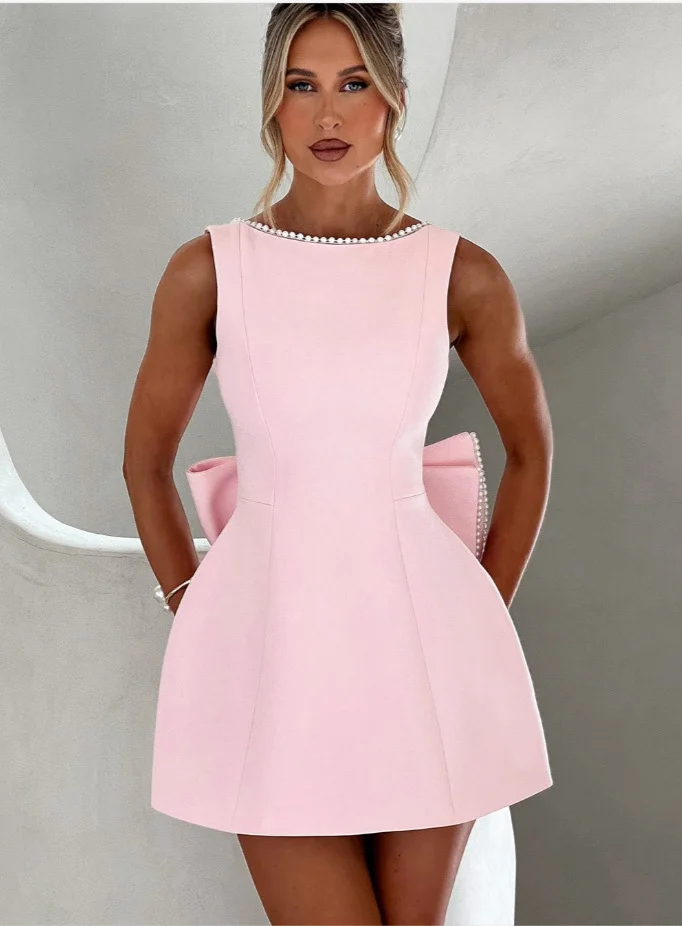 Fashion Big-Bowed Pearls Backless Dress Summer Slim Sleeveless A-line Dresses For Party Evening Women's Clothing - Image 8