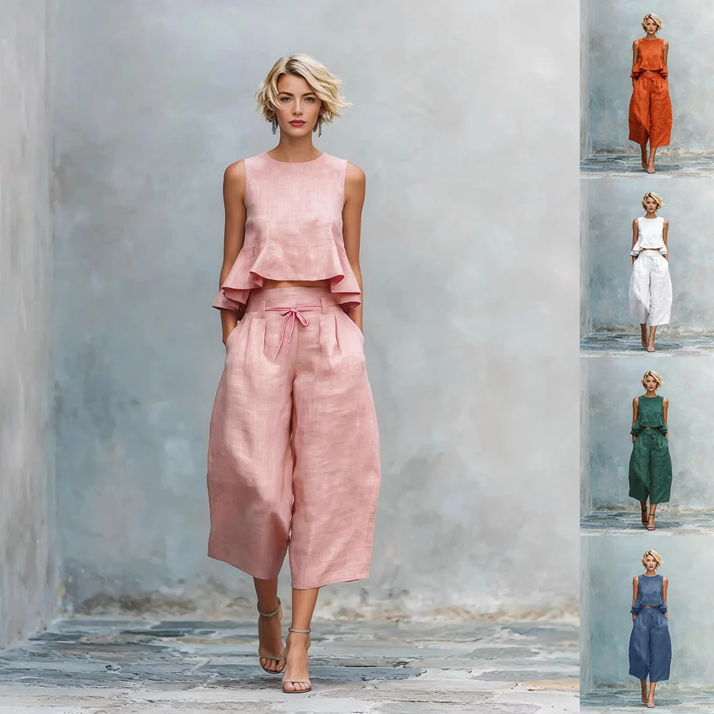 Ruffled Suits Summer Round Neck Sleeveless Top And Loose Wide-leg Pants Casual Fashion Straight Trouser Set