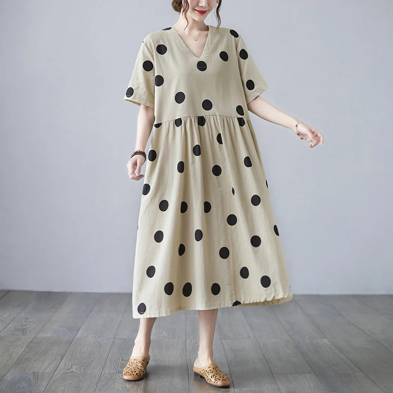Loose-paneled Cotton And Linen V-neck Short-sleeved Dress - Image 3