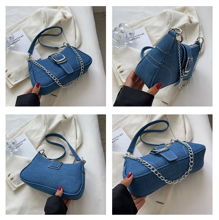 Denim Shoulder Bags Women's Fashion Chains Handbag Crossbody Bags Small Square Armpit Bag - Image 10