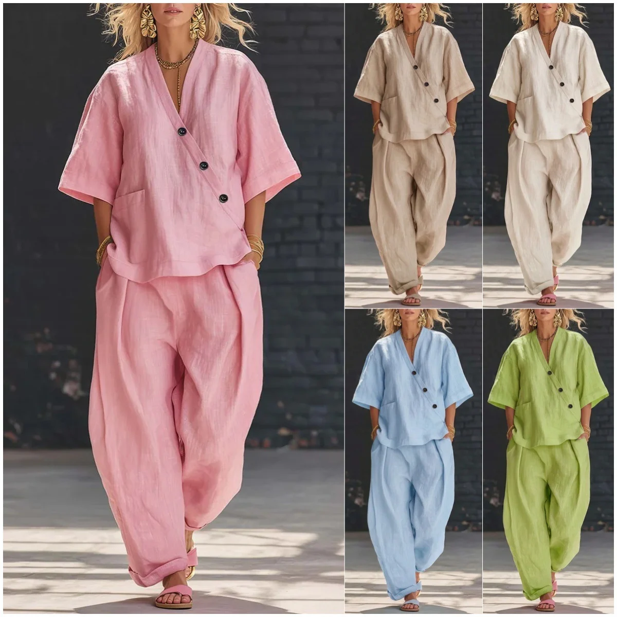 V-neck Loose-fit Short-sleeve Top And High-waist Trousers Two-piece Set - Image 8