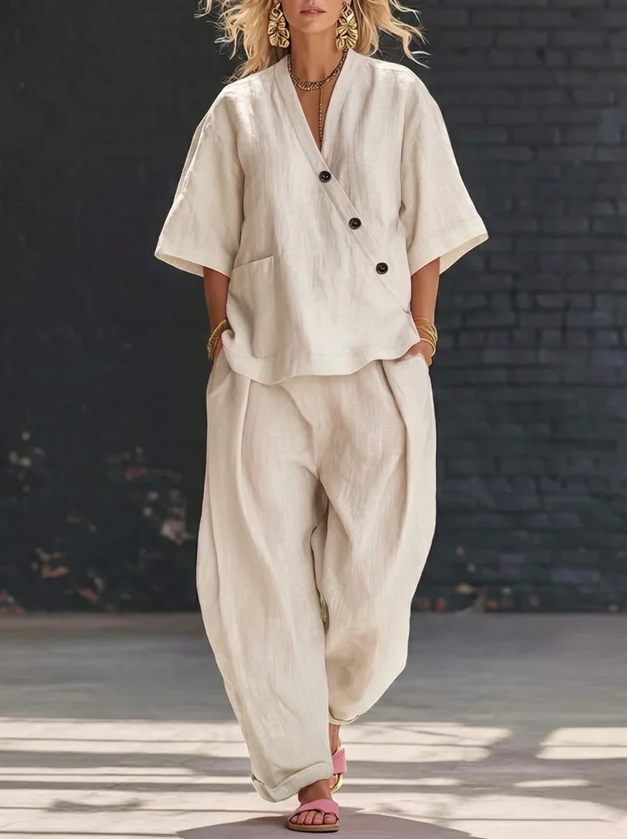 V-neck Loose-fit Short-sleeve Top And High-waist Trousers Two-piece Set - Image 9