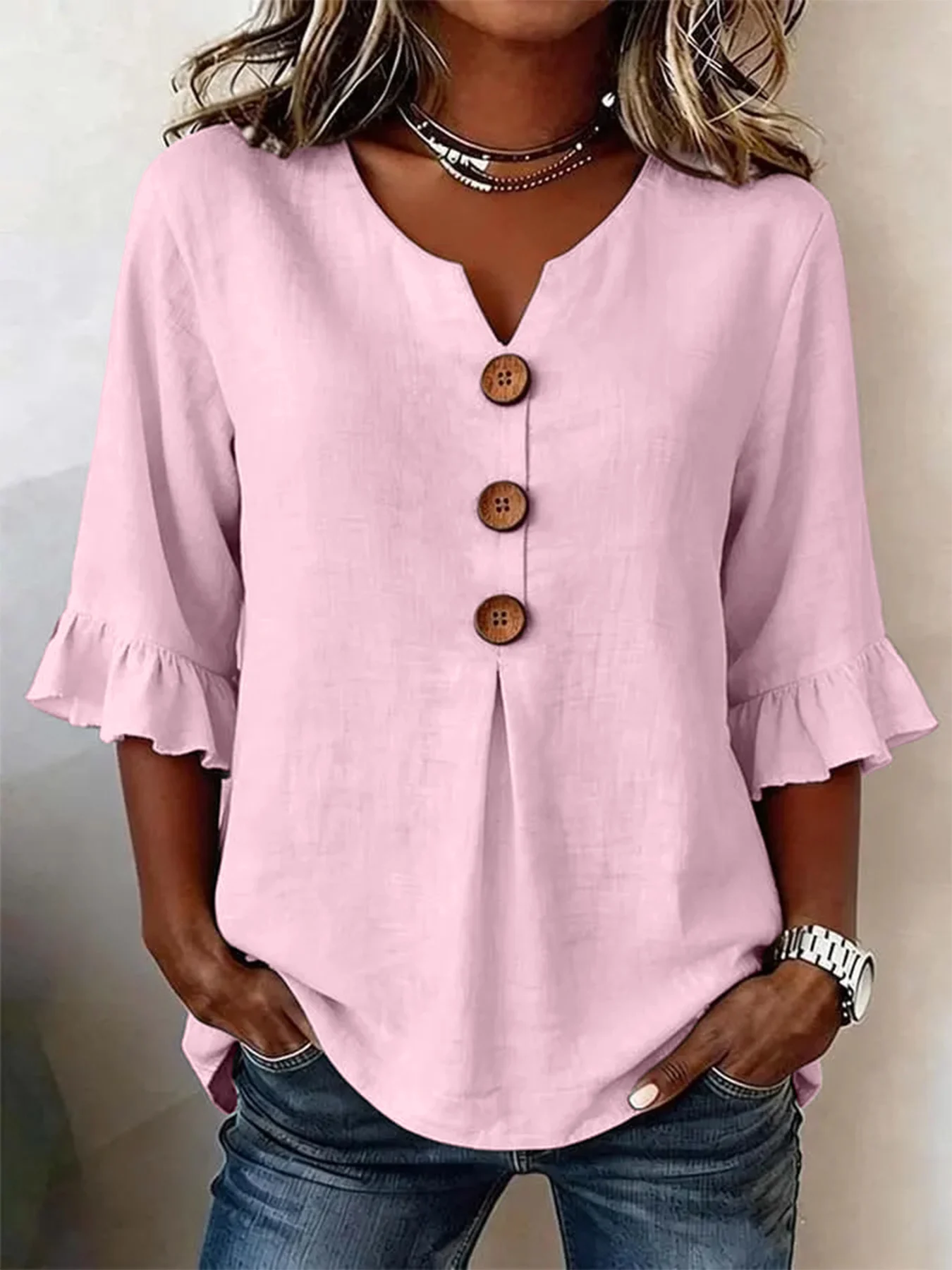 Summer Ruffled-Sleeve Top Loose Casual V-Neck Buttons Short-sleeved Shirts Women's Clothing - Image 6