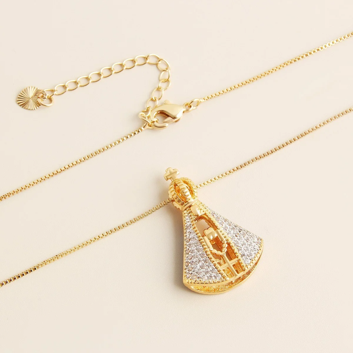 Double-sided Design Madonna Cross Necklace, Shiny Zircon & 18K Gold Plated Finish