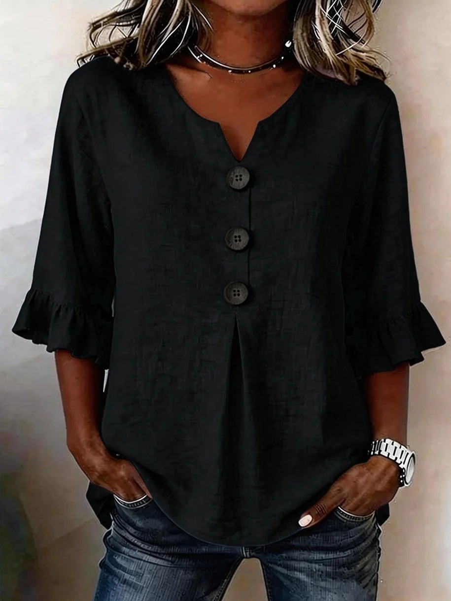 Summer Ruffled-Sleeve Top Loose Casual V-Neck Buttons Short-sleeved Shirts Women's Clothing - Image 7