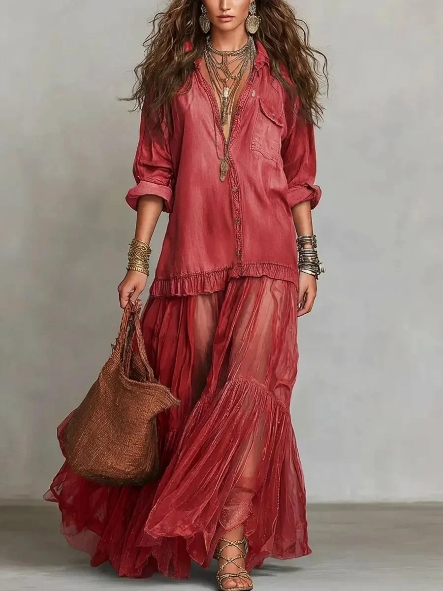 Women's Retro Lapel Collar Faux Denim Maxi Dress Casual Pocketed Dress - Image 9