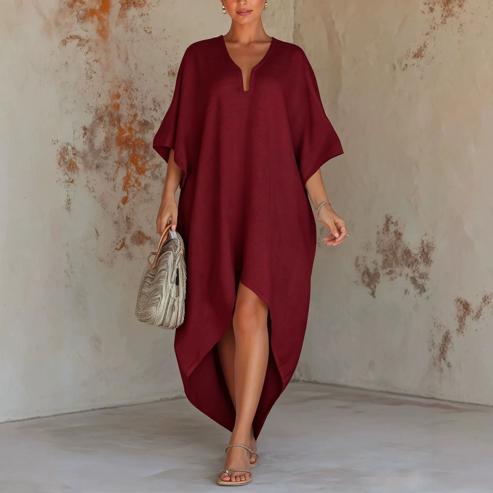Solid-color Womens Loose-fit Resort Pleated Robe Dress - Image 8