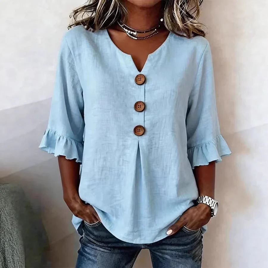 Summer Ruffled-Sleeve Top Loose Casual V-Neck Buttons Short-sleeved Shirts Women's Clothing - Image 2