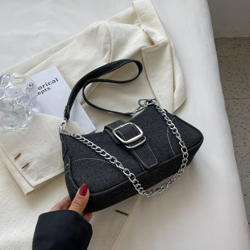 Denim Shoulder Bags Women's Fashion Chains Handbag Crossbody Bags Small Square Armpit Bag - Image 6