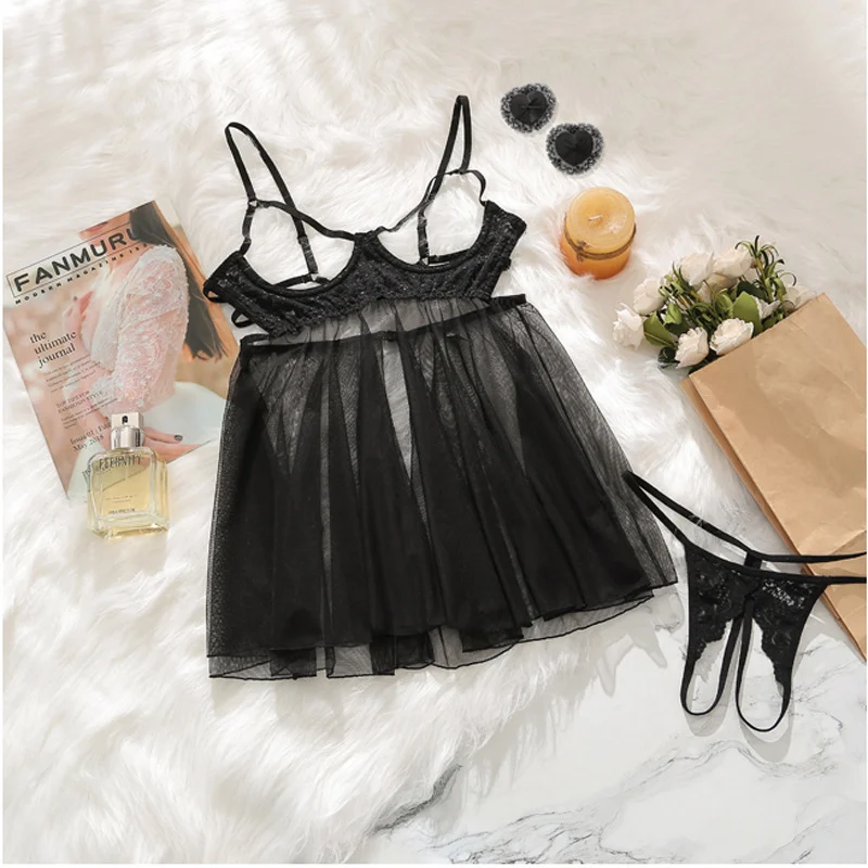 Lace-trimmed Umbrella Mesh Nightdress T-pants Set