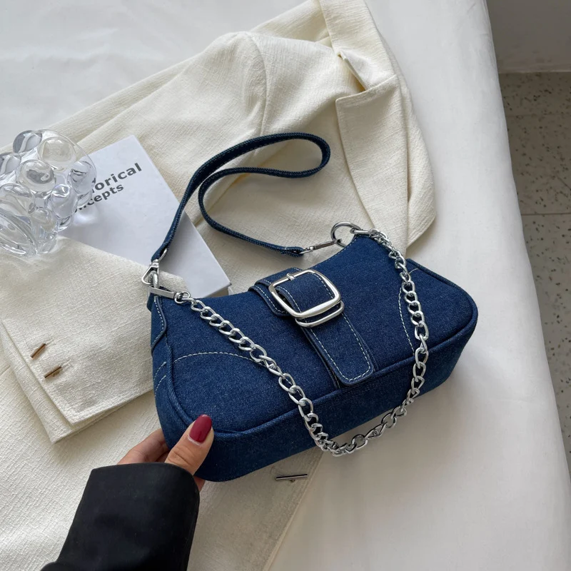 Denim Shoulder Bags Women's Fashion Chains Handbag Crossbody Bags Small Square Armpit Bag - Image 2