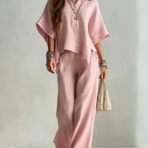 Linen Blend Polo Neck Short Sleeve Shirt & Wide Leg Pants Two-Piece Set