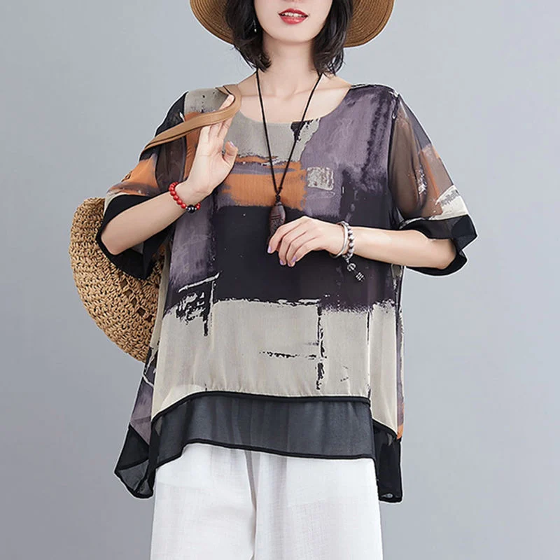 Loose Fashion Suit Mother's Chiffon Shirt Cropped Wide-legged Culottes Two-piece Set - Image 3