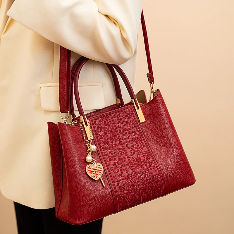 Embroidered Red High-Capacity Tote Bag - Image 3