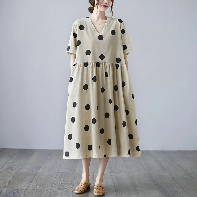 Loose-paneled Cotton And Linen V-neck Short-sleeved Dress - Image 6