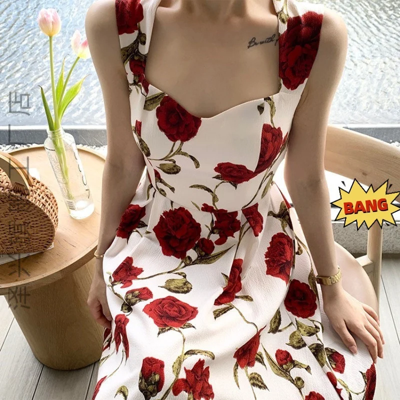 Summer Thin French Seaside Holiday Romantic Rose Long Skirt