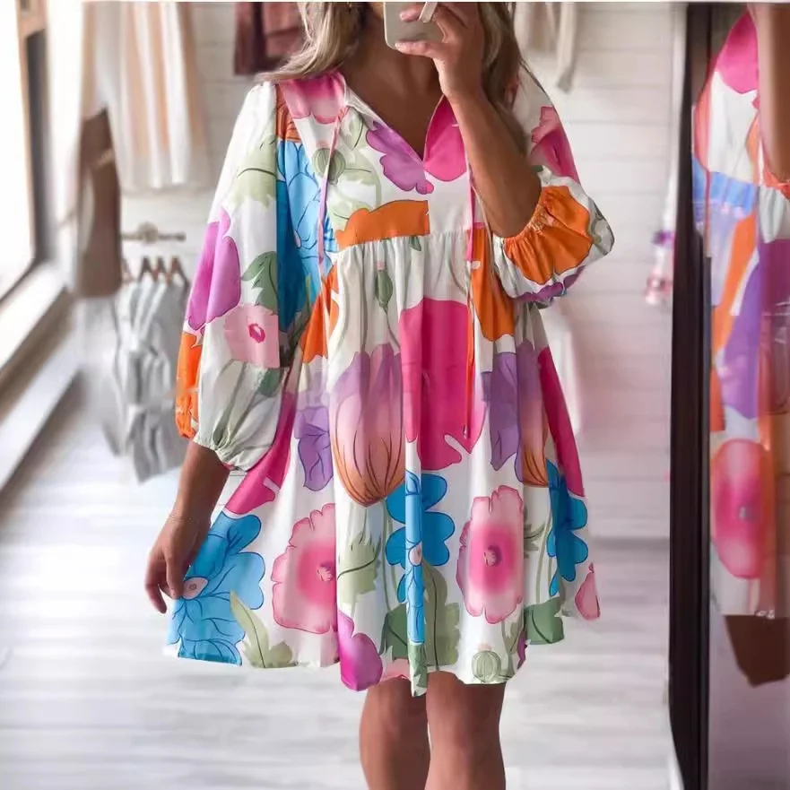 Casual Loose Flower Print High Waist Dress Women - Image 2