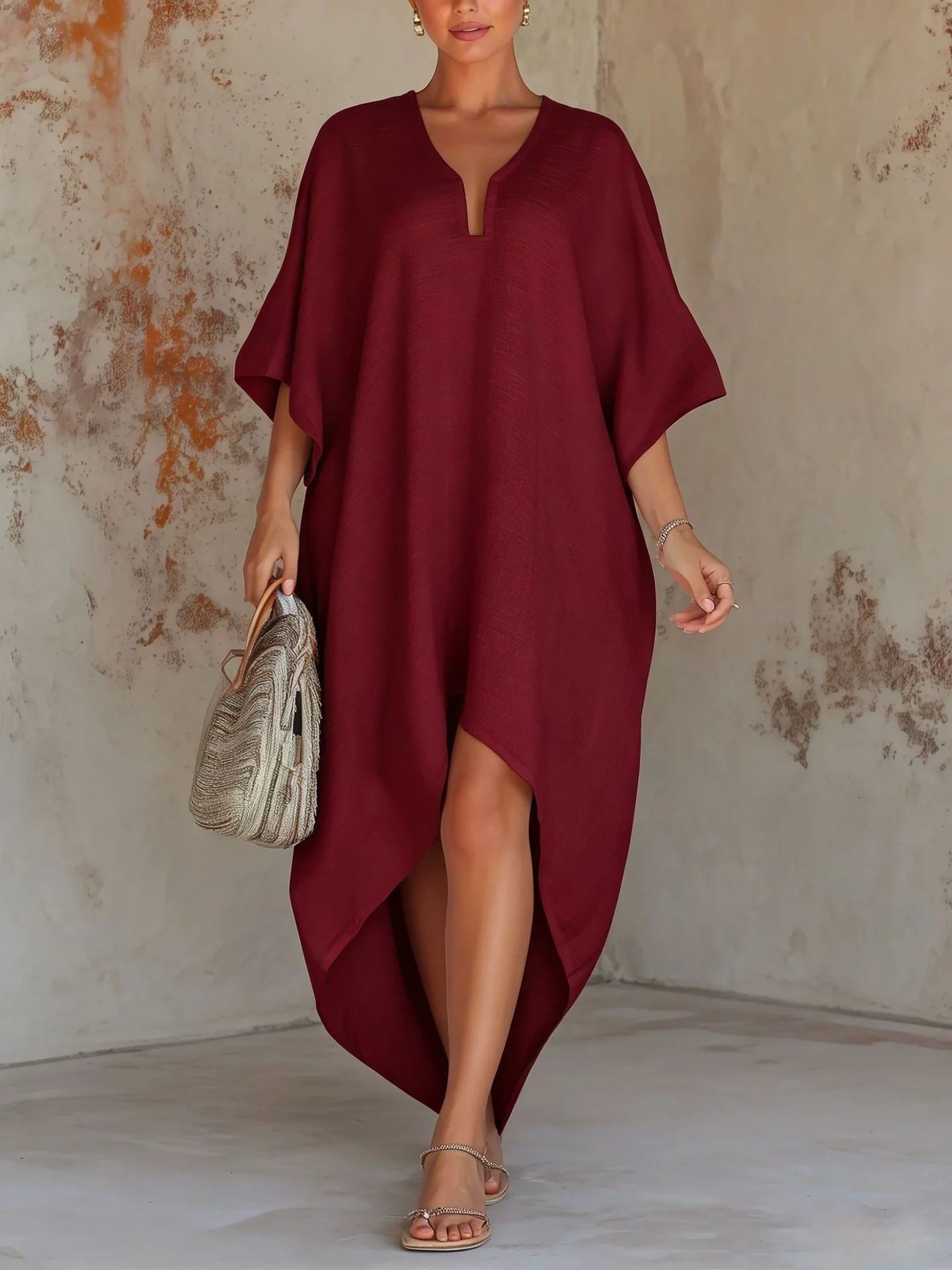Solid-color Womens Loose-fit Resort Pleated Robe Dress - Image 3