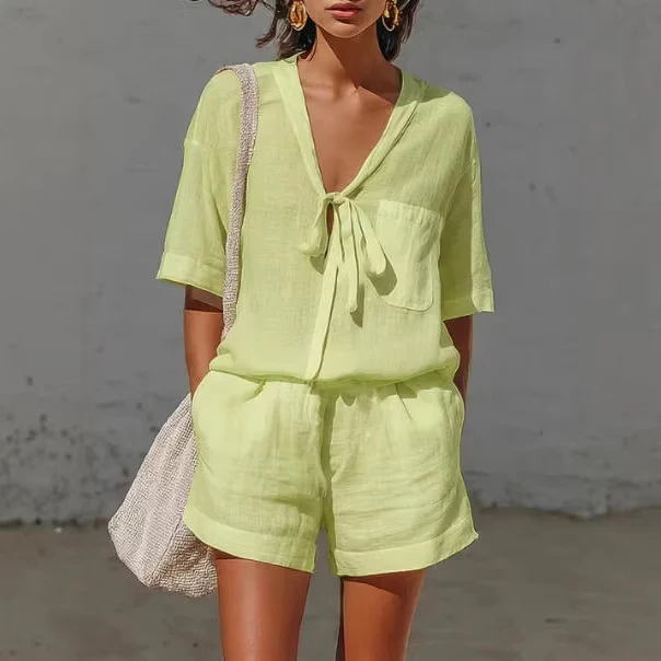 Summer New Solid Color Casual Cardigan Lace-up Short-sleeve Shirt Loose Shorts Set For Women - Image 2