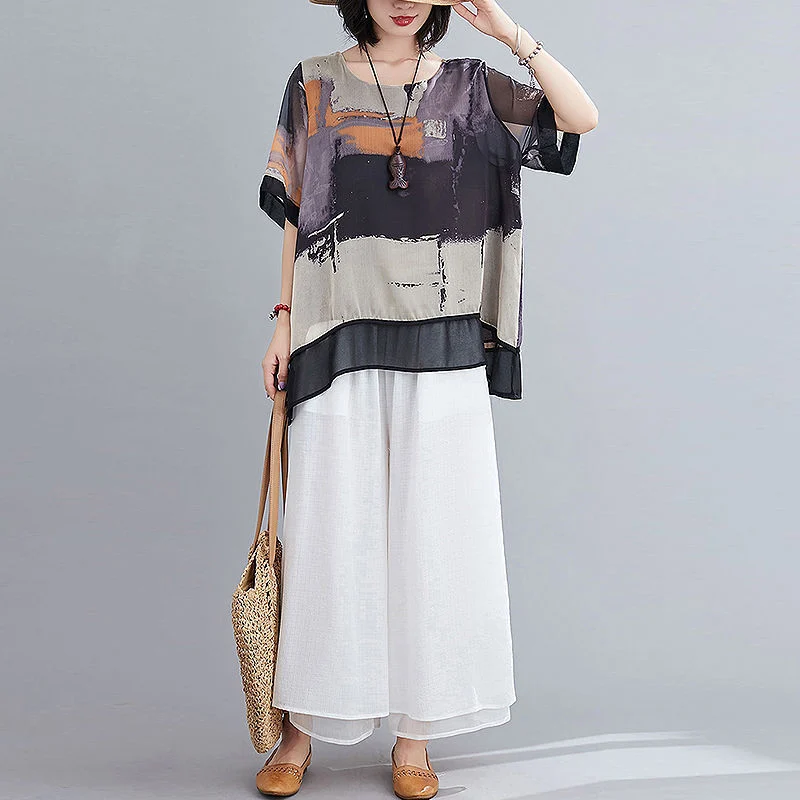 Loose Fashion Suit Mother's Chiffon Shirt Cropped Wide-legged Culottes Two-piece Set - Image 7