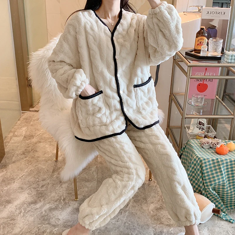 Coral Fleece Pajamas Women Thickened Warmth Sweet Flannel Home Service Two-piece Suit - Image 3