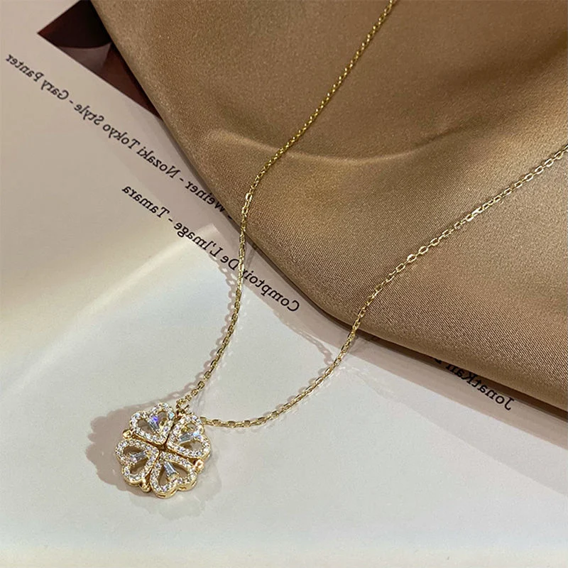 Retro Magnetic Folding Heart Shaped Four Leaf Clover Pendant Necklace Women Love Clavicle Chain Gifts Openable Choker Jewelry - Image 5