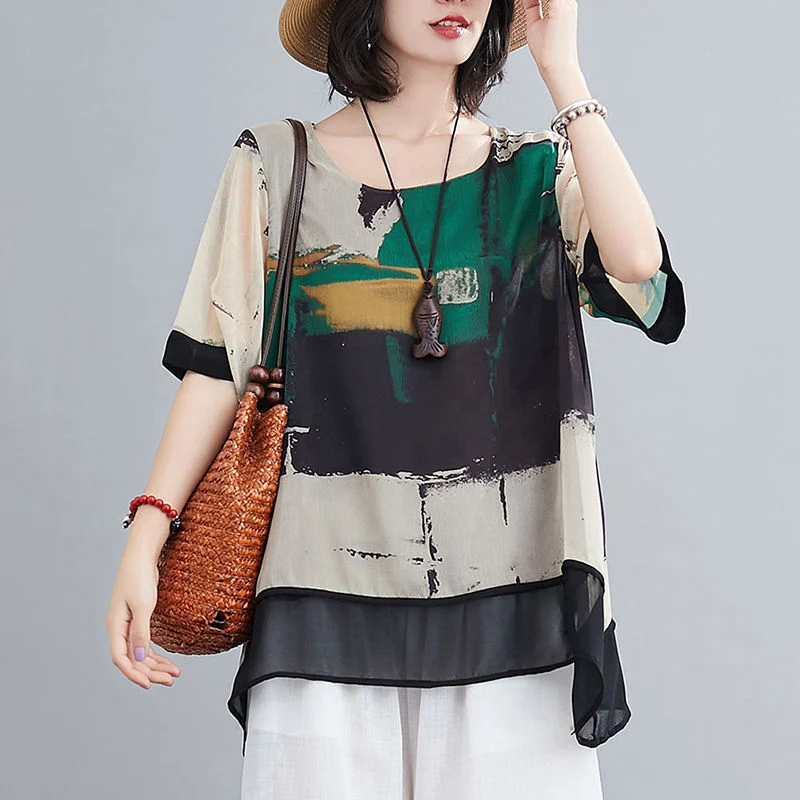 Loose Fashion Suit Mother's Chiffon Shirt Cropped Wide-legged Culottes Two-piece Set - Image 8