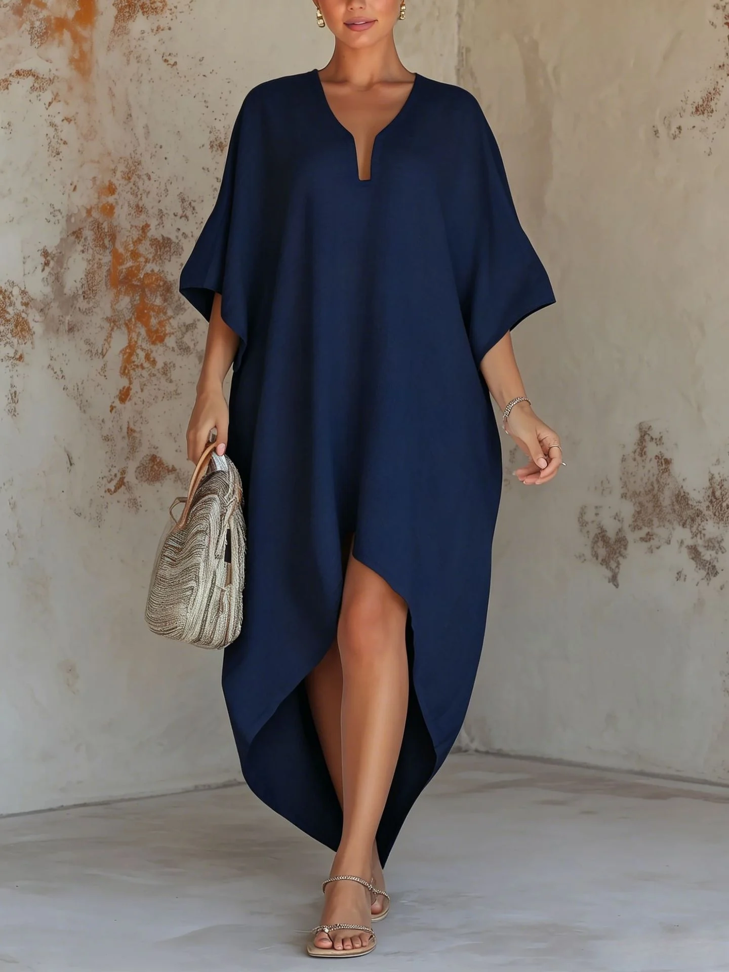 Solid-color Womens Loose-fit Resort Pleated Robe Dress - Image 6