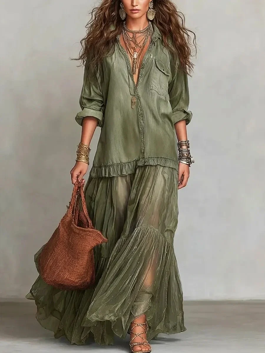 Women's Retro Lapel Collar Faux Denim Maxi Dress Casual Pocketed Dress - Image 10
