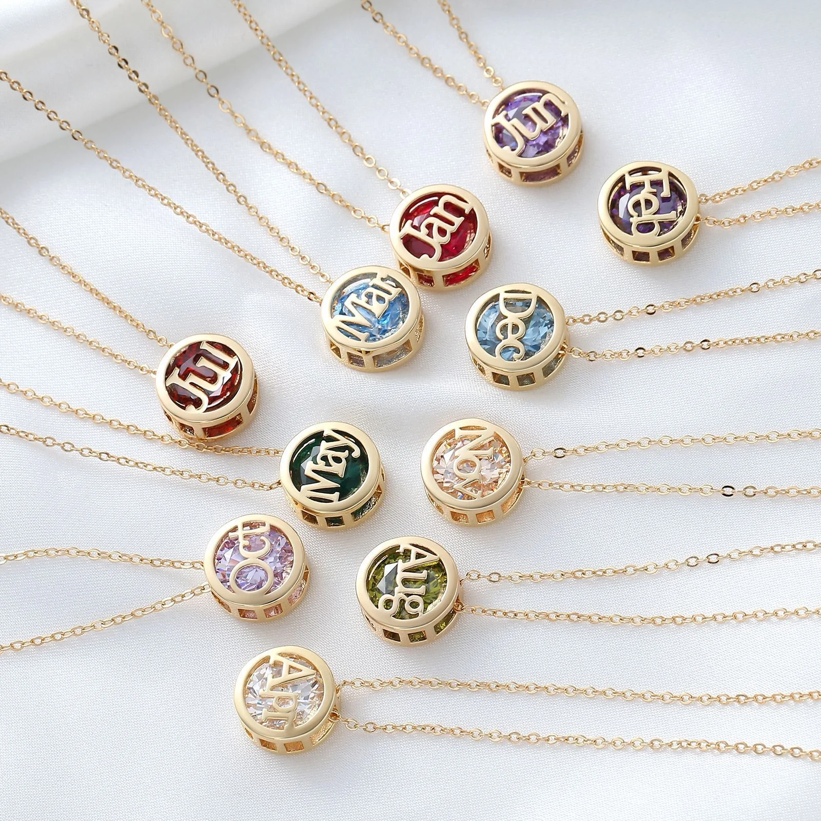 Gold Plated Copper Necklace, Double-sided Hollow Out Pendant With 12 Birthstones, Colorful Zircon Jewelry For 12 Months