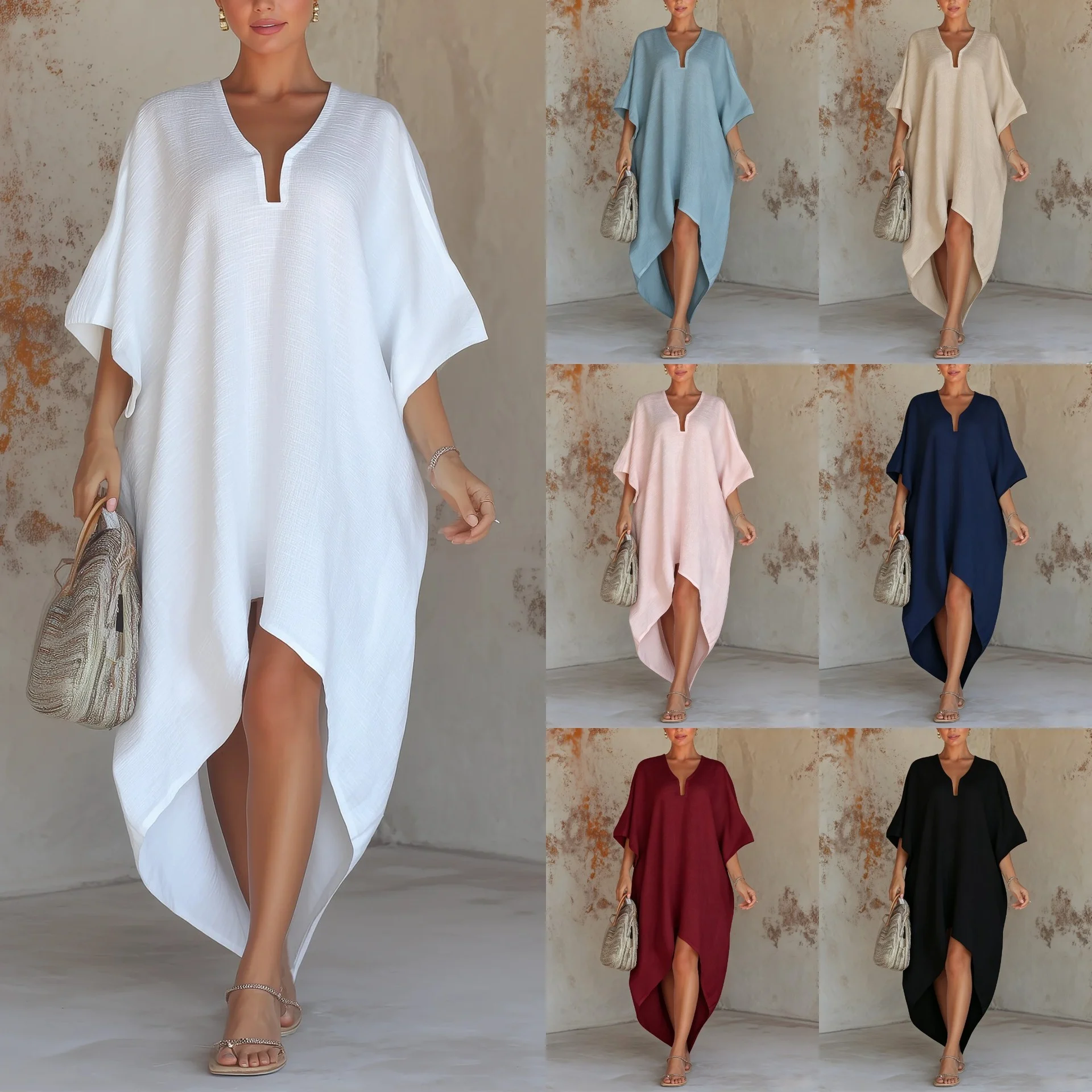 Solid-color Womens Loose-fit Resort Pleated Robe Dress