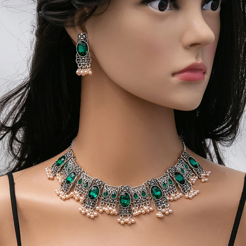 Vintage Emerald Earrings Ethnic Style Square Tassel Bead Pendant Jewelry Suit - Image 2